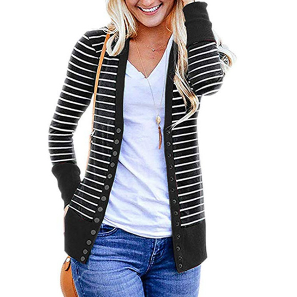 Sweaters - black & white striped v neck cardigan size Large